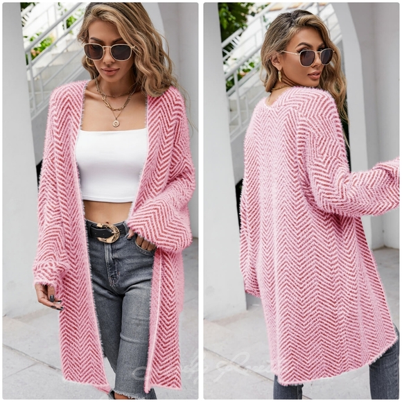 Cozy Herringbone Longline Open Front Fuzzy Cardigan - Picture 7 of 8